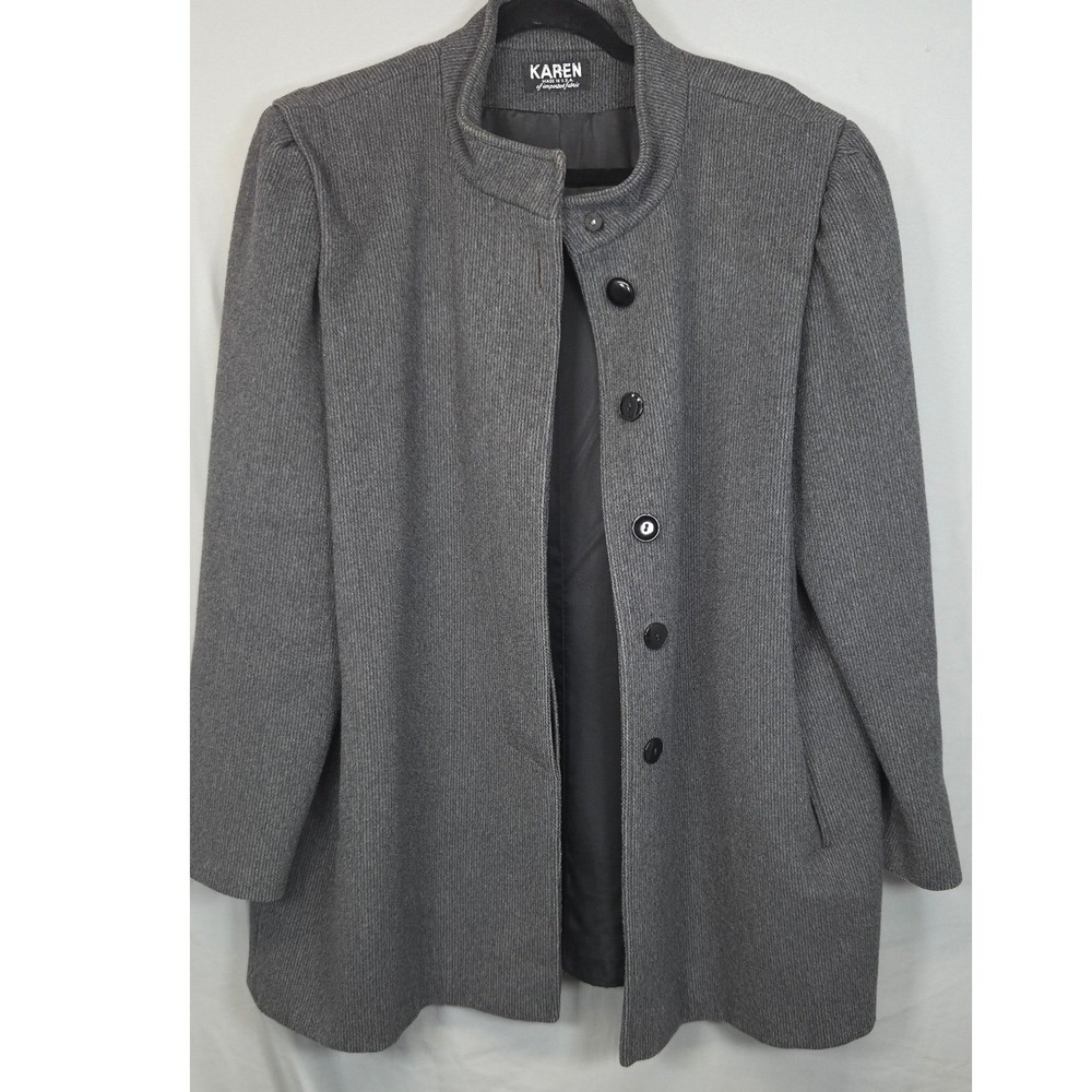 Karen Longline Coat Jacket Womens L Gray Excellent Ribbed Mock Neck Vintage 90s